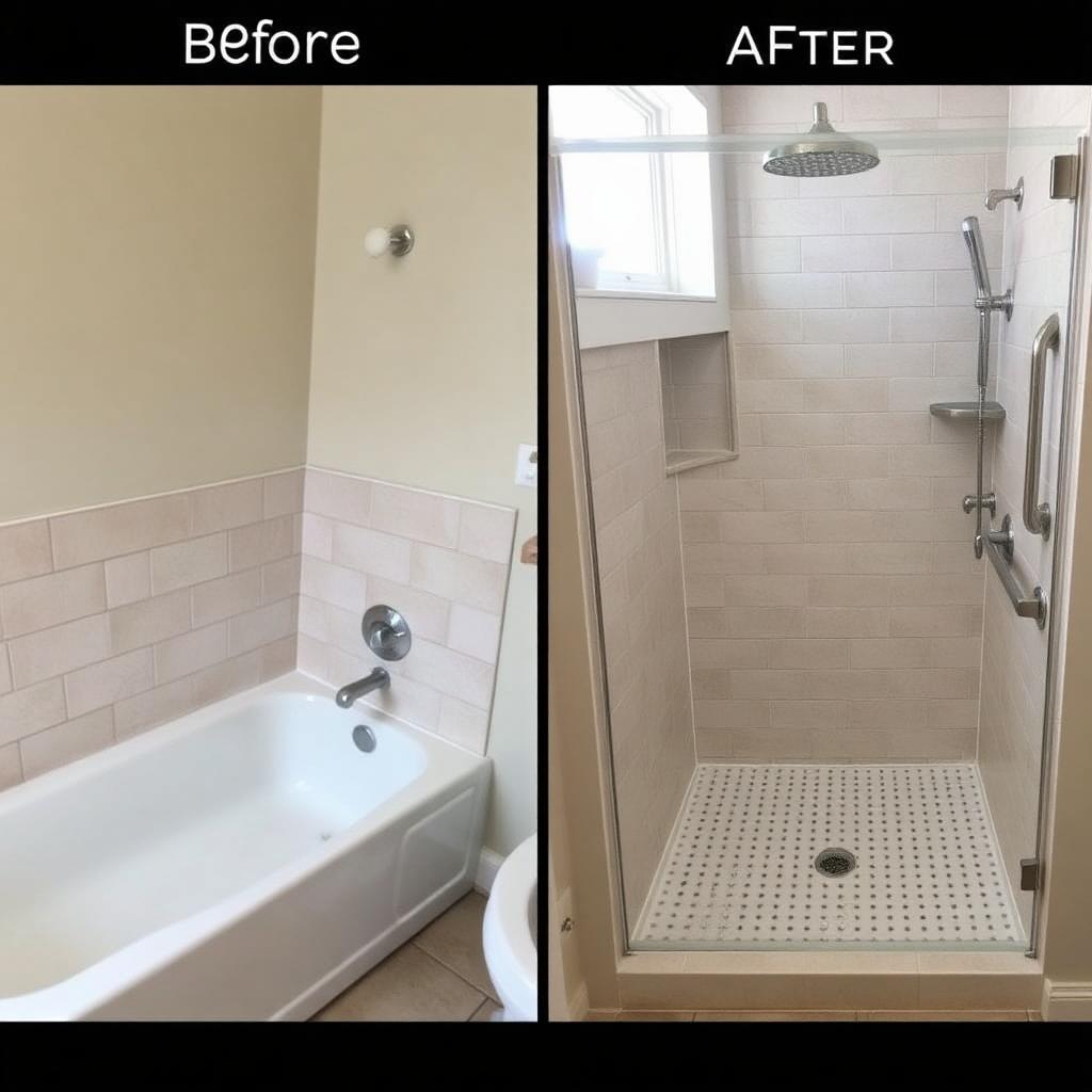Voor en na foto van badkamer: oud ligbad wordt een veilige inloopdouche