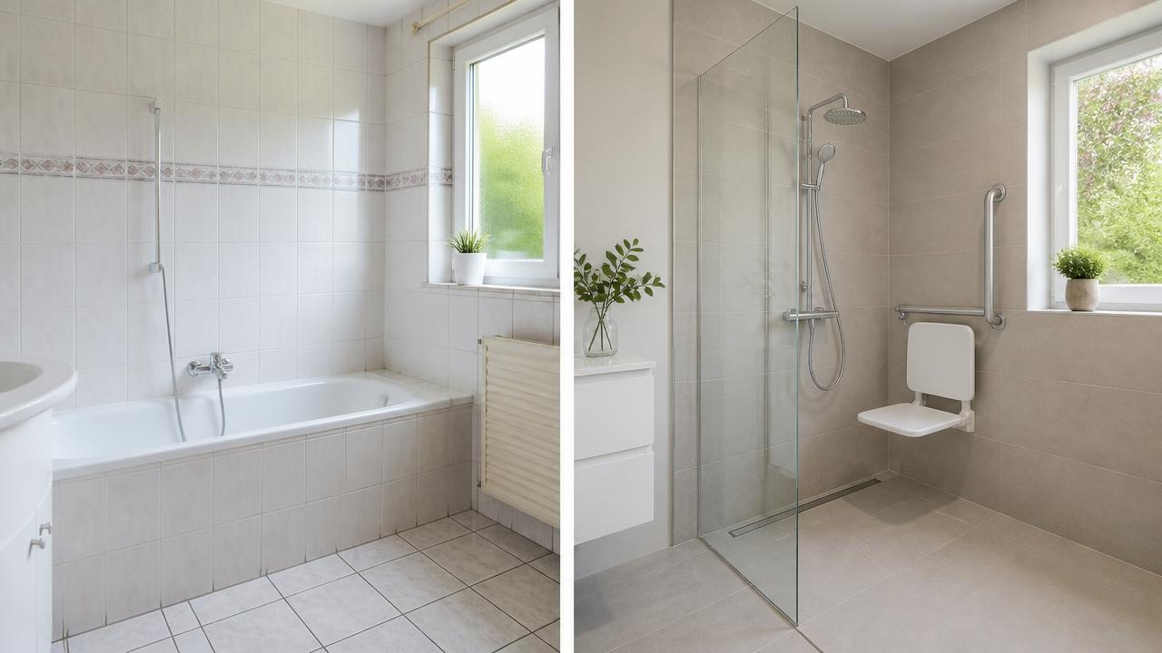 Voor en na: oud ligbad wordt een veilige zorgbadkamer met gelijkvloerse inloopdouche, wandbeugel en douchezitje